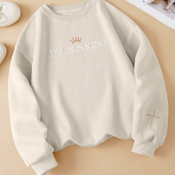 Beige Casual Women's Crew Neck Sweatshirt With "Jesus Is King" Embroidery - Picture 2 of 4